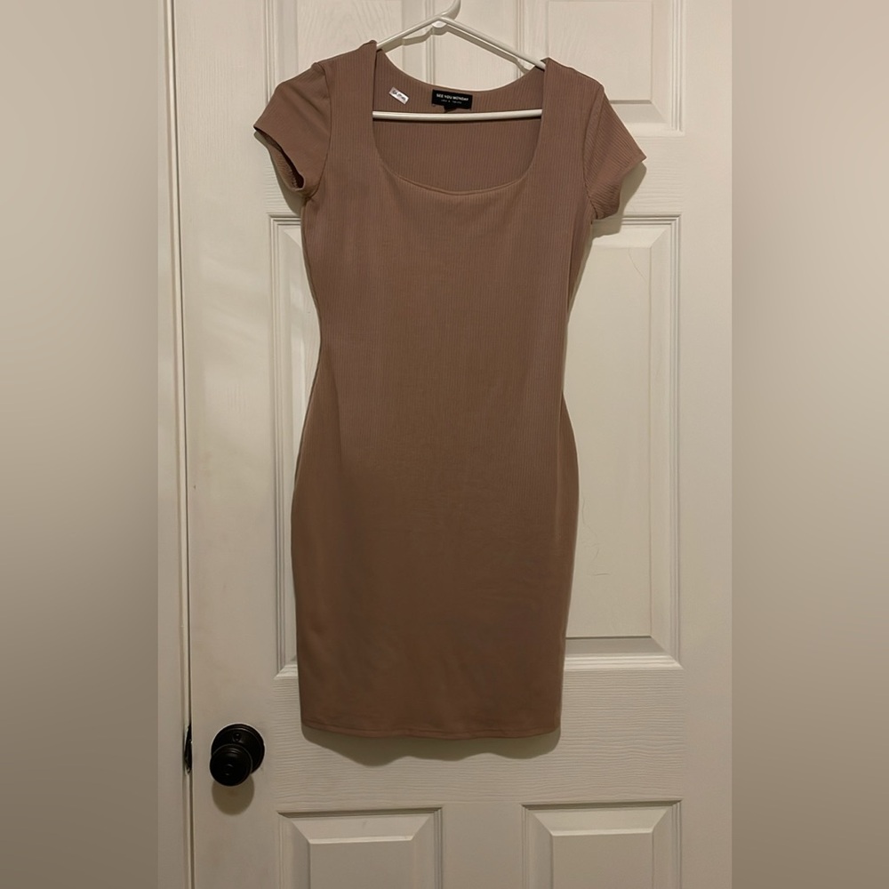See you Monday tan blush nude bodycon dress- lined!